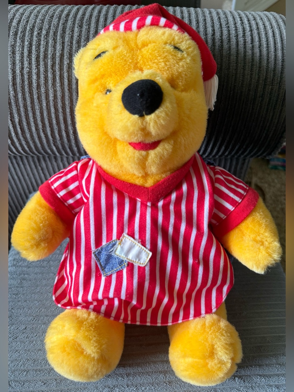 Mattel Disney Winnie the Pooh Yellow Plush Bear in Red & White Striped Pajamas